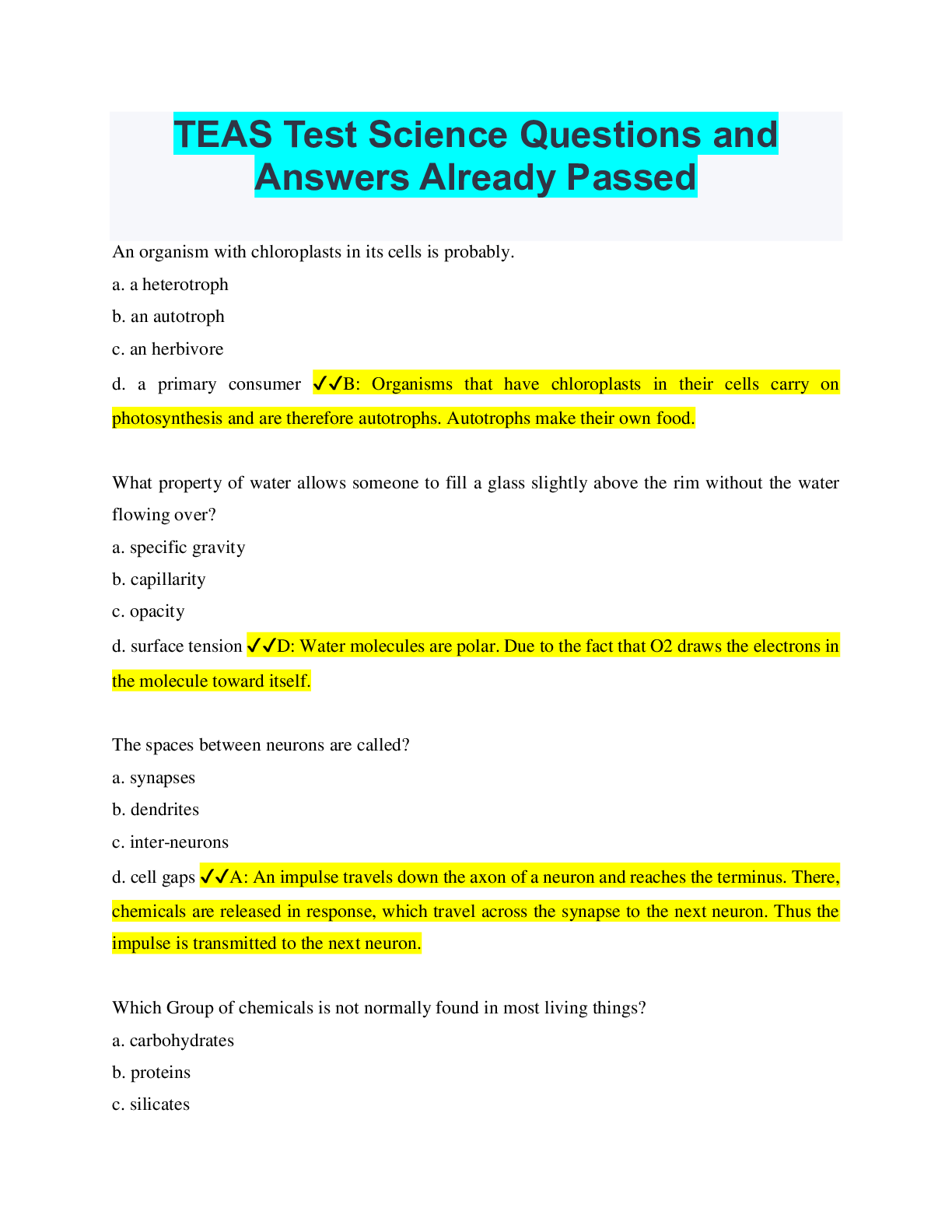 TEAS Test Science Questions and Answers Already Passed Browsegrades